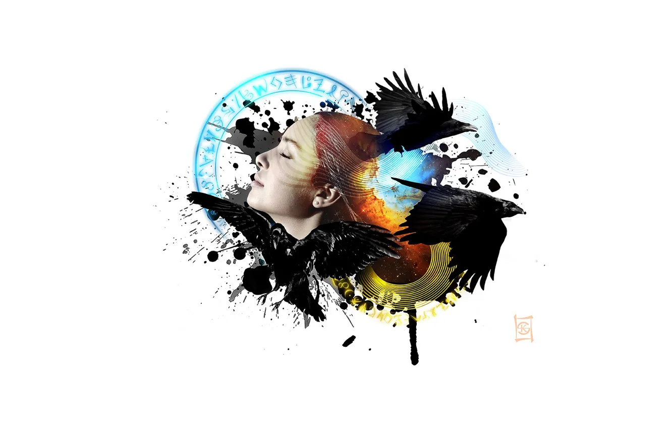 Photo wallpaper face, wings, crows, blots