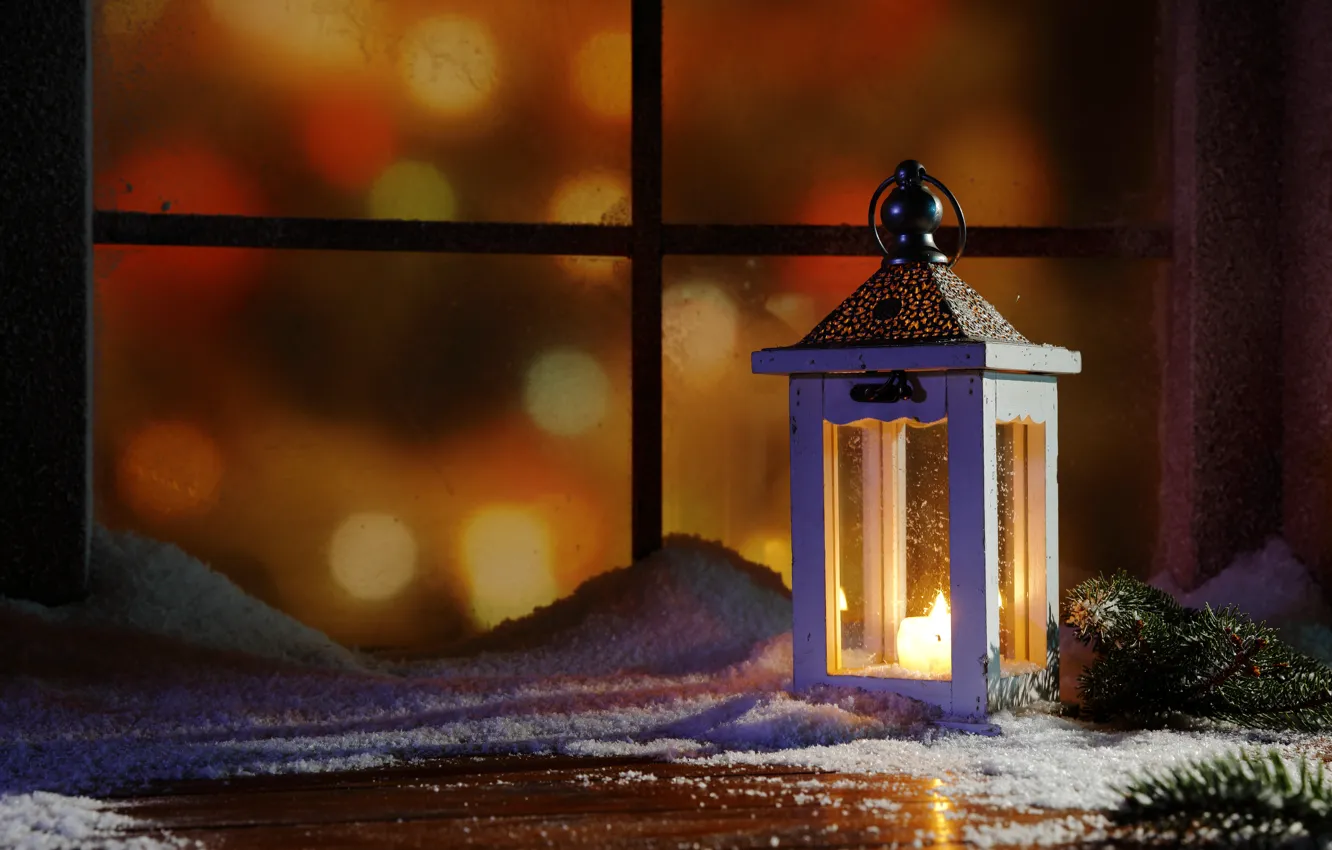 Photo wallpaper winter, snow, decoration, New Year, window, Christmas, lantern, Christmas