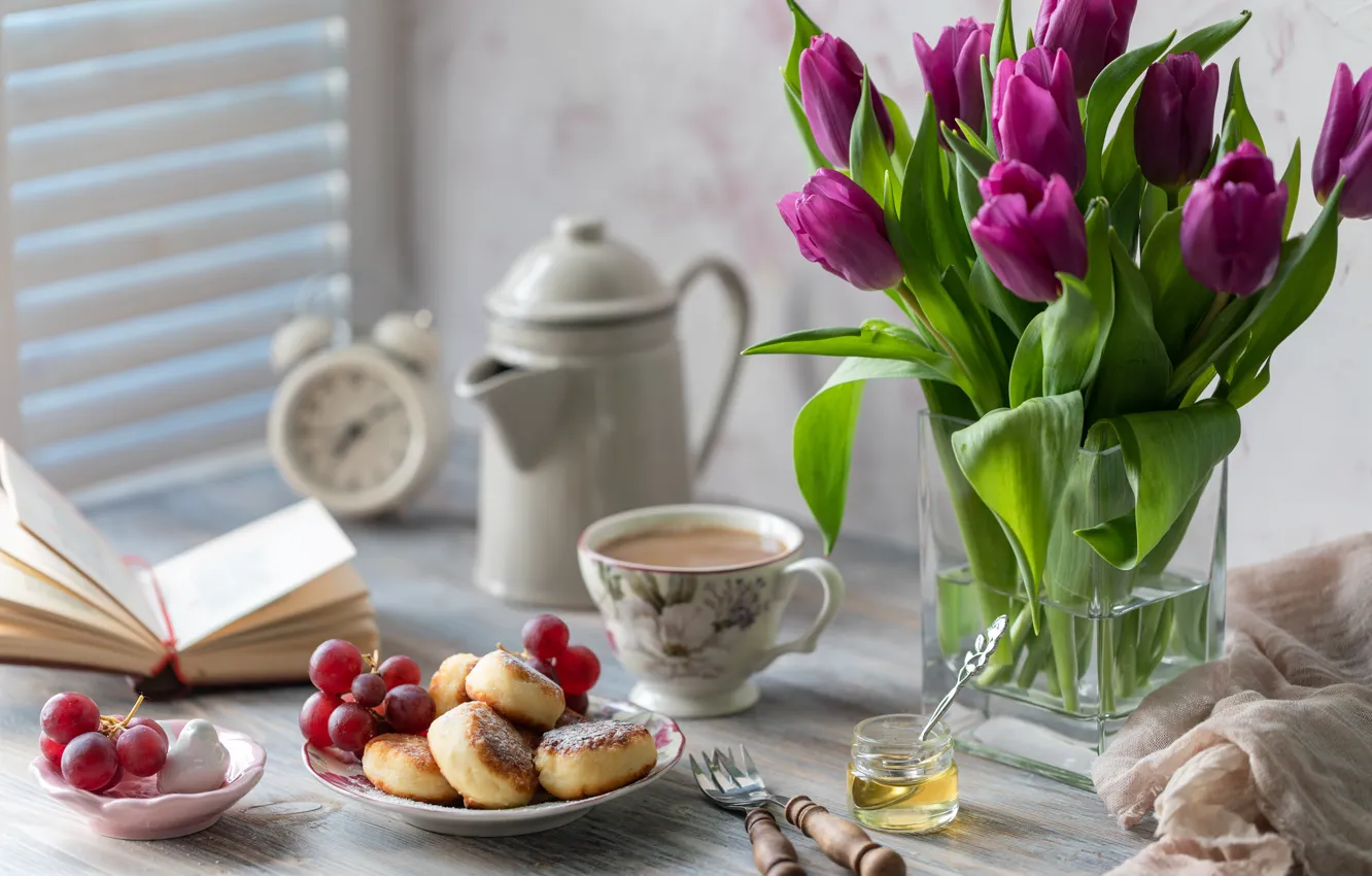 Photo wallpaper coffee, bouquet, Breakfast, honey, grapes, Cup, tulips, vase