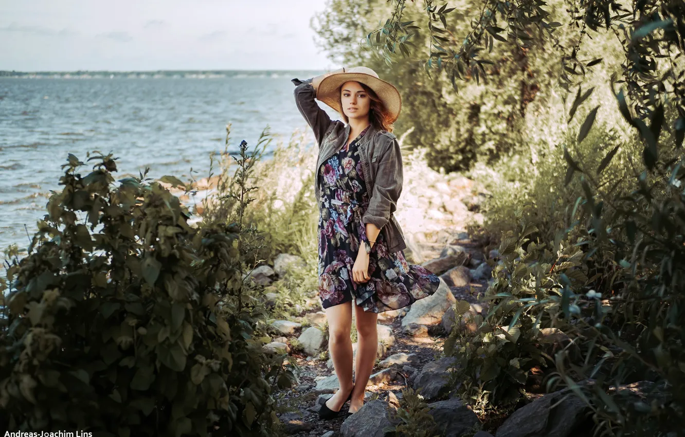 Photo wallpaper sea, look, the sun, trees, landscape, nature, pose, stones