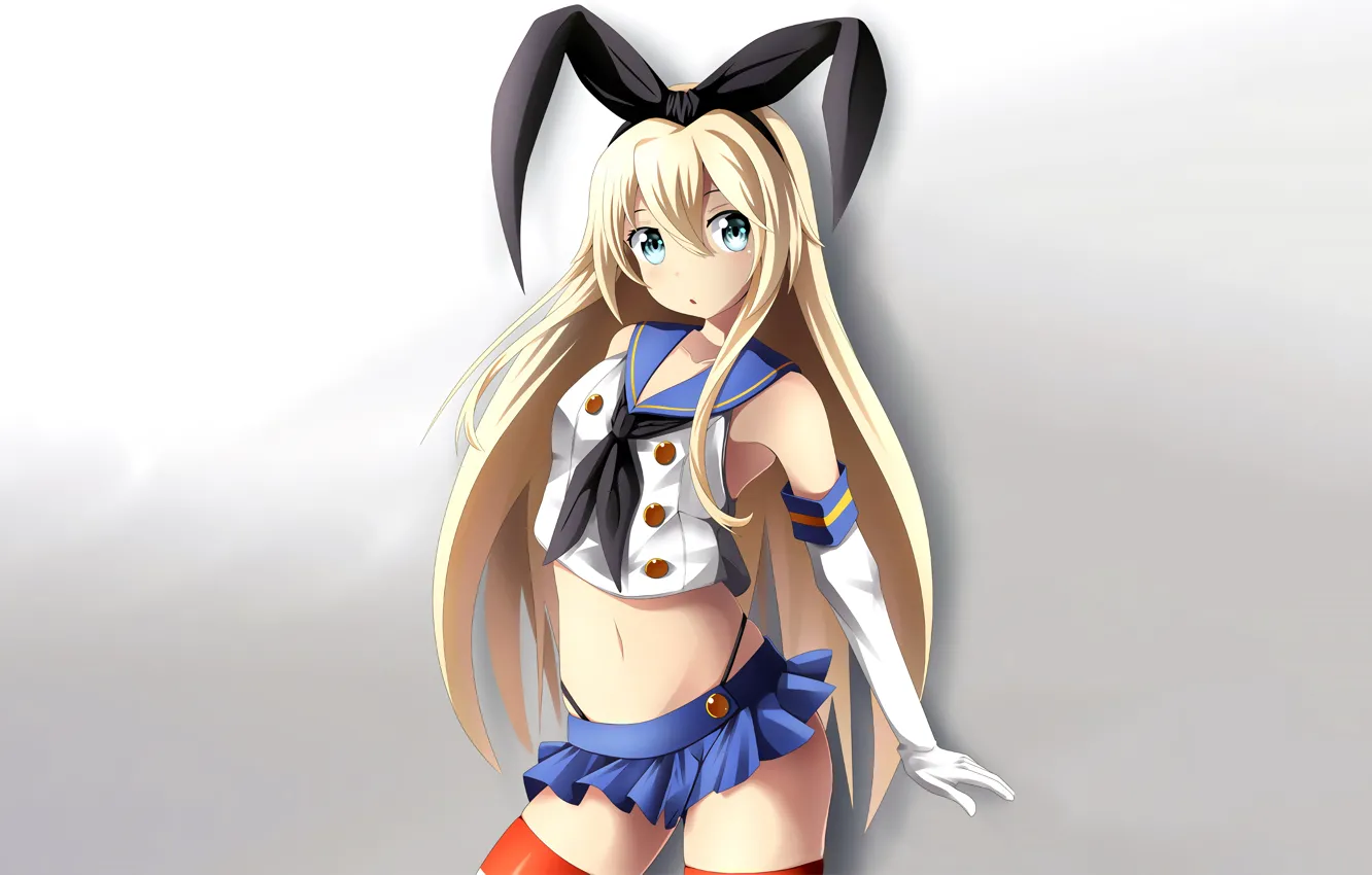 Photo wallpaper girl, sexy, blouse, thighhighs, green eyes, long hair, anime, beautiful