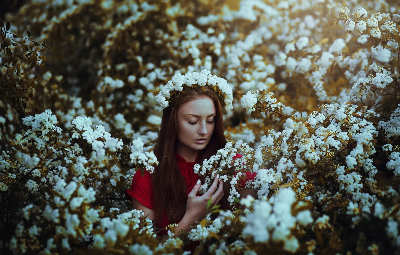 Photo wallpaper girl, flowers, hair, a crown of flowers, red blouse