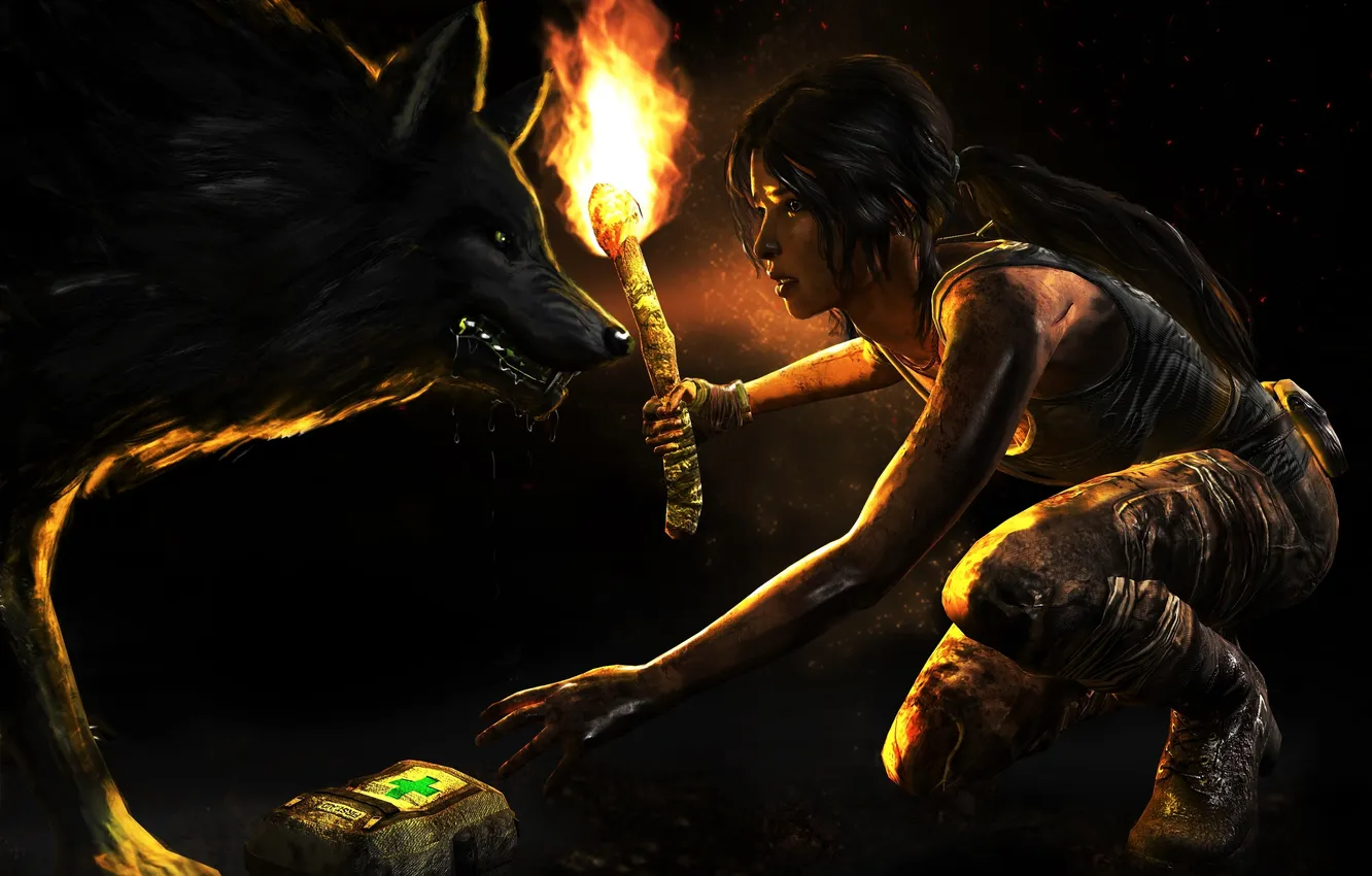 Photo wallpaper look, girl, lights, animal, the game, wolf, predator, art