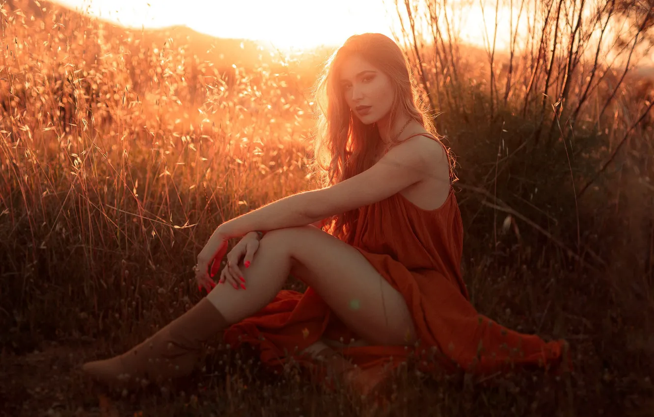 Photo wallpaper look, girl, the sun, sunset, pose, model, dress, legs