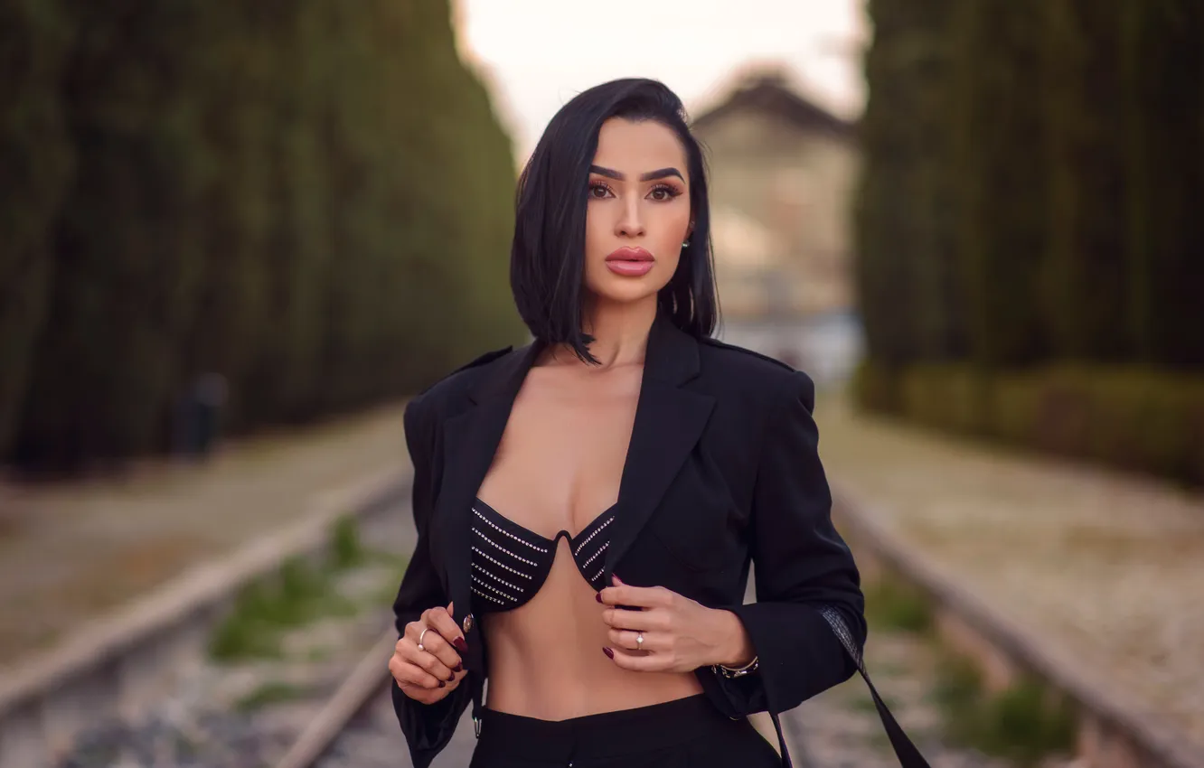 Photo wallpaper look, girl, pose, hands, brunette, bra, jacket