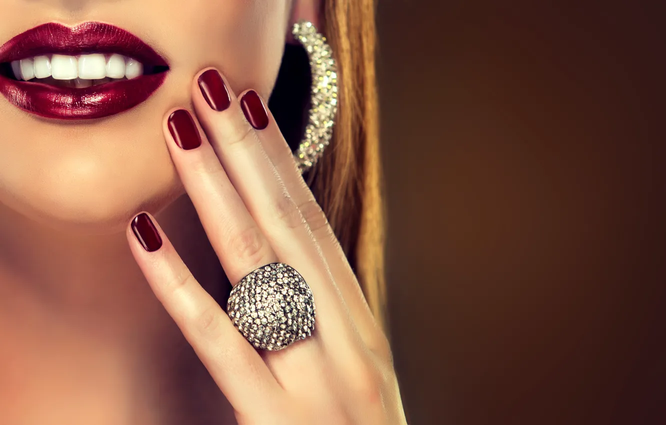 Photo wallpaper girl, face, hands, makeup, lipstick, ring, lips, lips