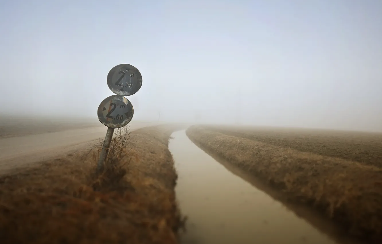 Photo wallpaper road, fog, sign