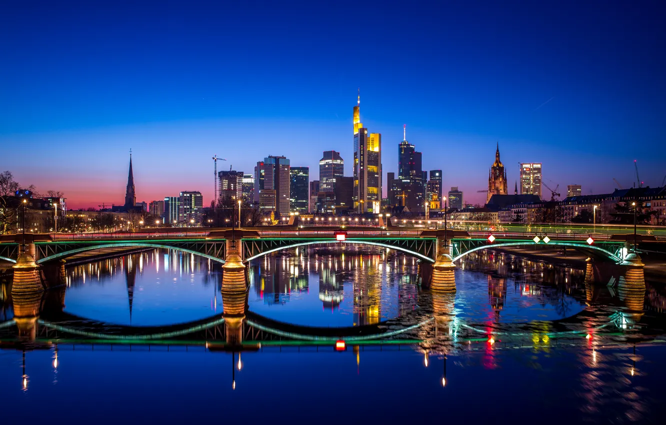 Photo wallpaper night, bridge, reflection, river, Germany, Frankfurt, Frankfurt am main, Frankfurt