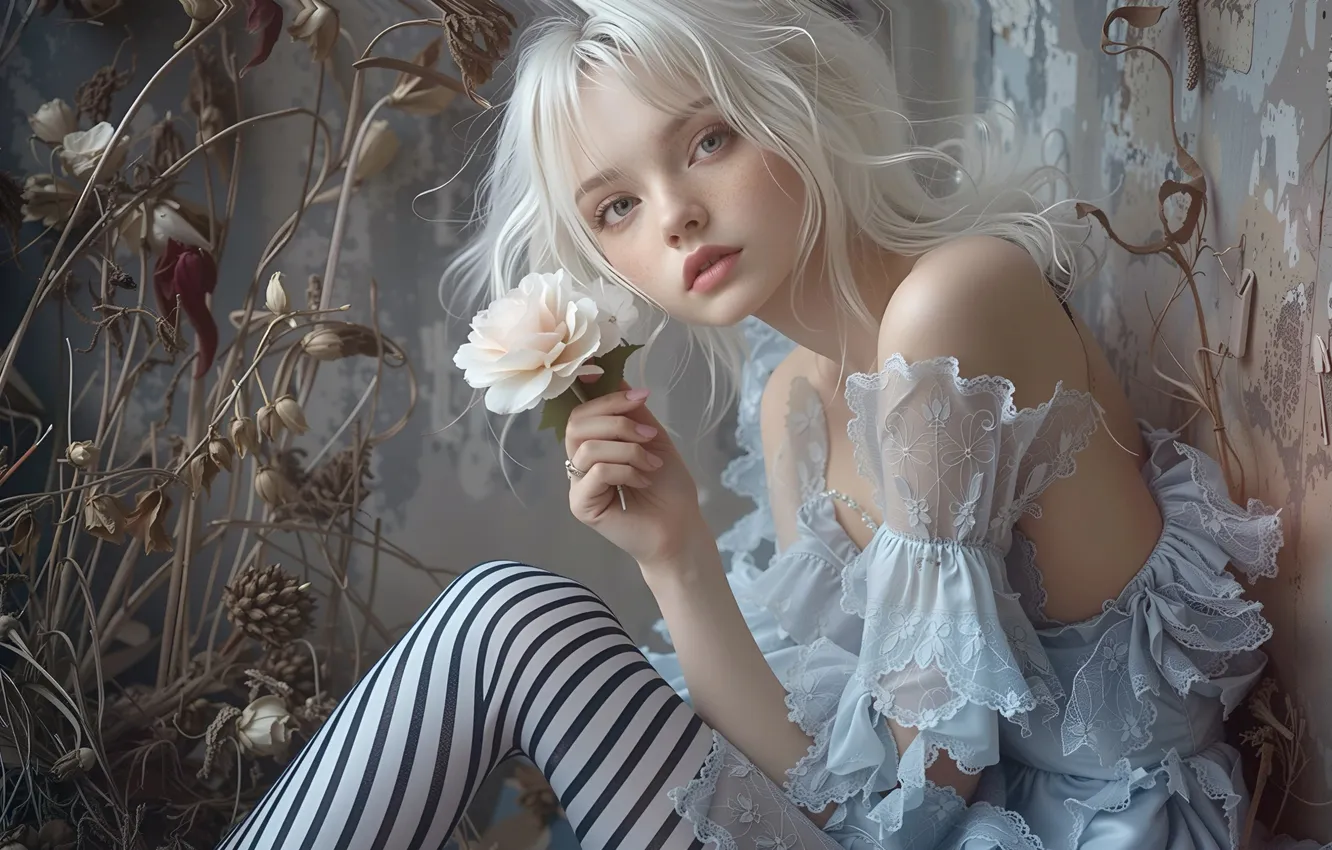 Photo wallpaper look, girl, strips, branches, pose, wall, portrait, blonde