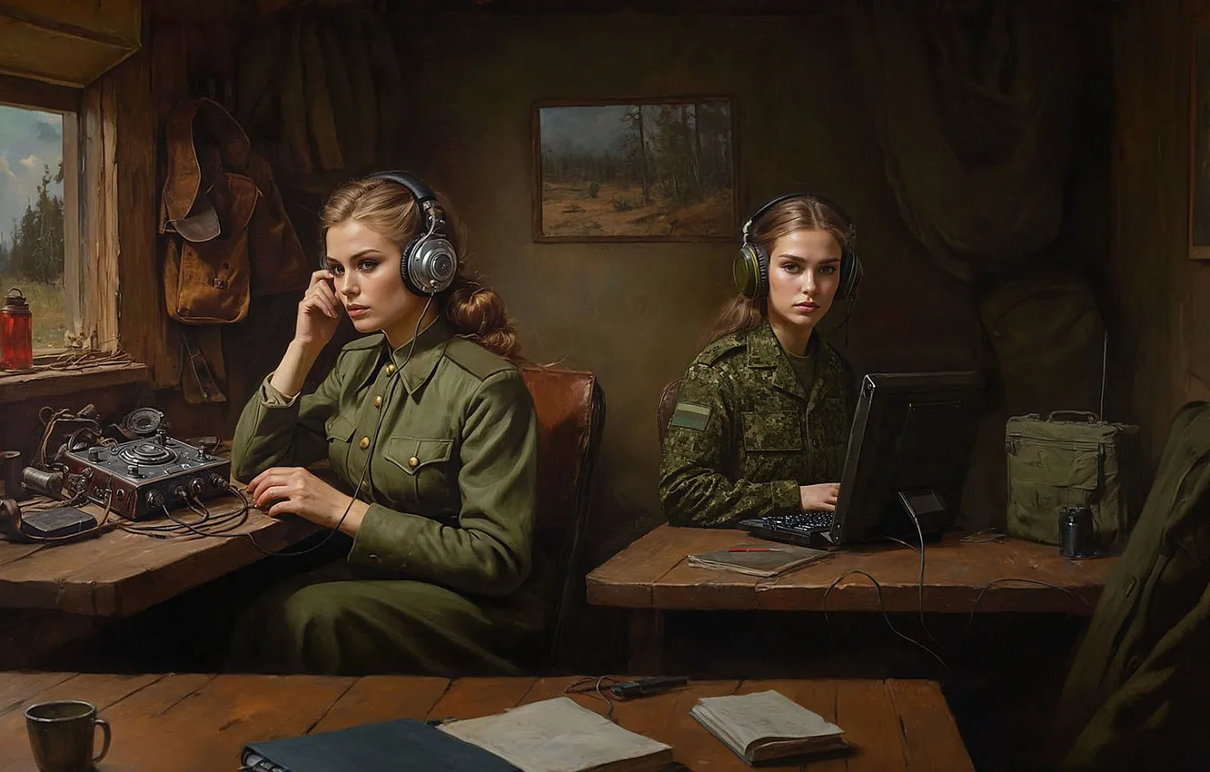 Photo wallpaper girl, holiday, headphones, art, soldiers, two, March 8, women's day