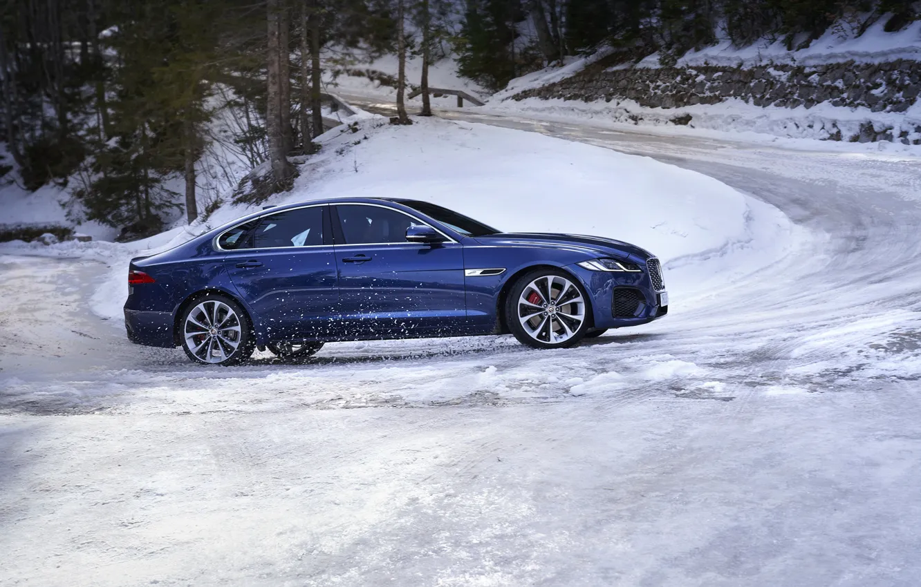 Photo wallpaper road, snow, Jaguar, sedan, side view, the rise, Jaguar XF, 2020