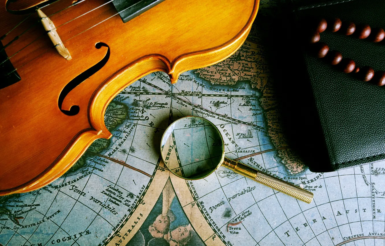 Photo wallpaper map, violin, magnifying glass