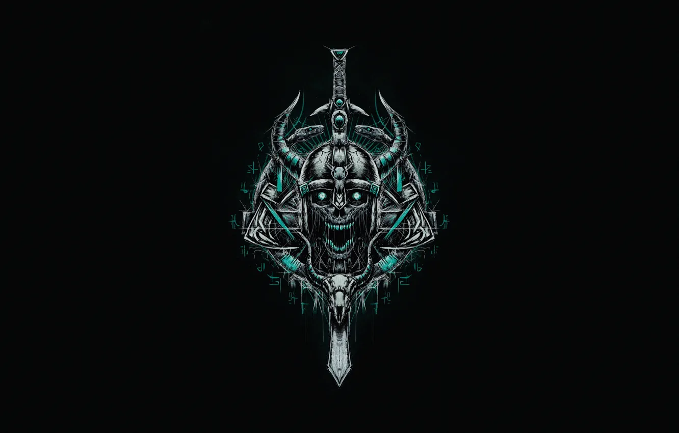 Photo wallpaper style, background, skull, minimalism, sword, Dead, warrior, horns