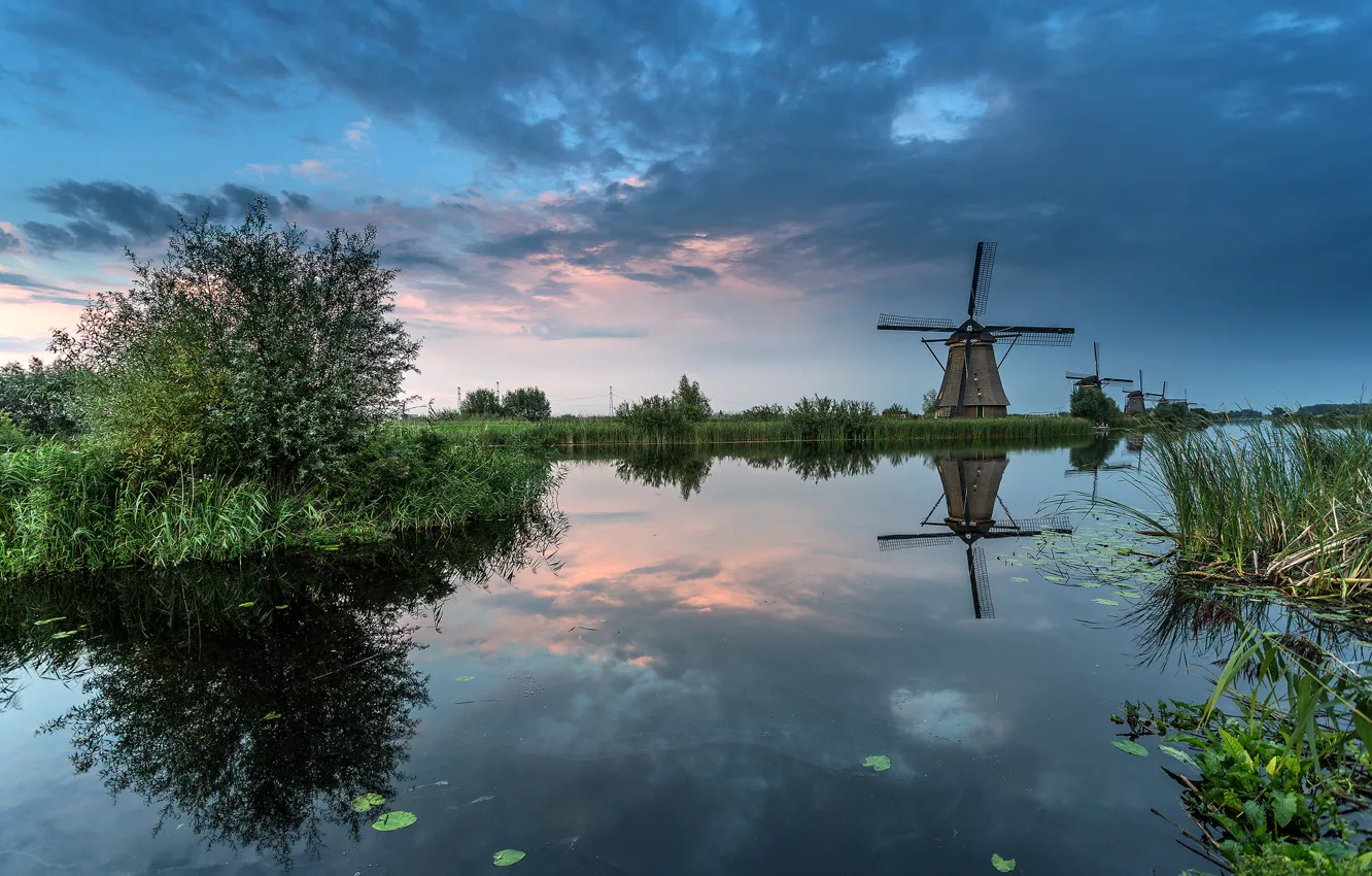 Photo wallpaper the sky, clouds, channel, Netherlands, windmill