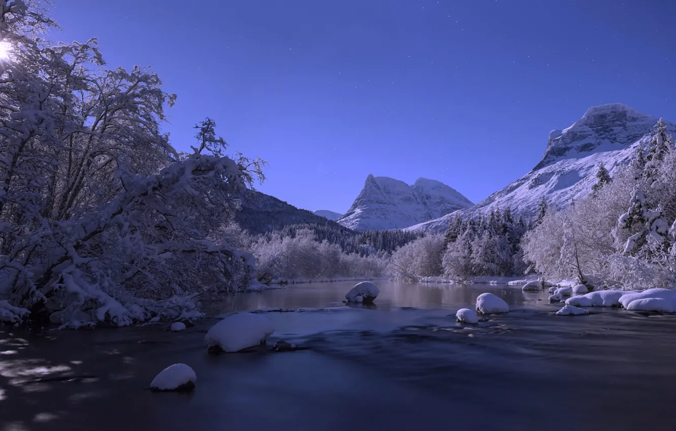 Photo wallpaper winter, snow, trees, mountains, river, Norway, Norway