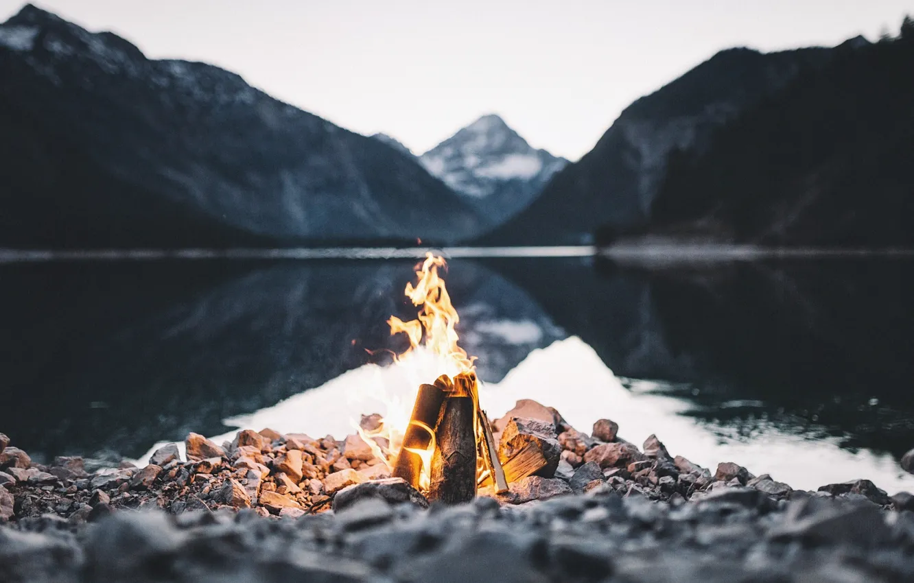 Photo wallpaper mountains, lake, stones, fire, the fire