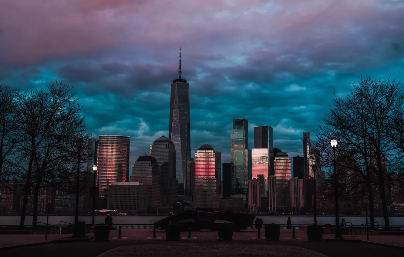 Photo wallpaper clouds, city, the city, flag, USA, USA, Manhattan, Manhattan
