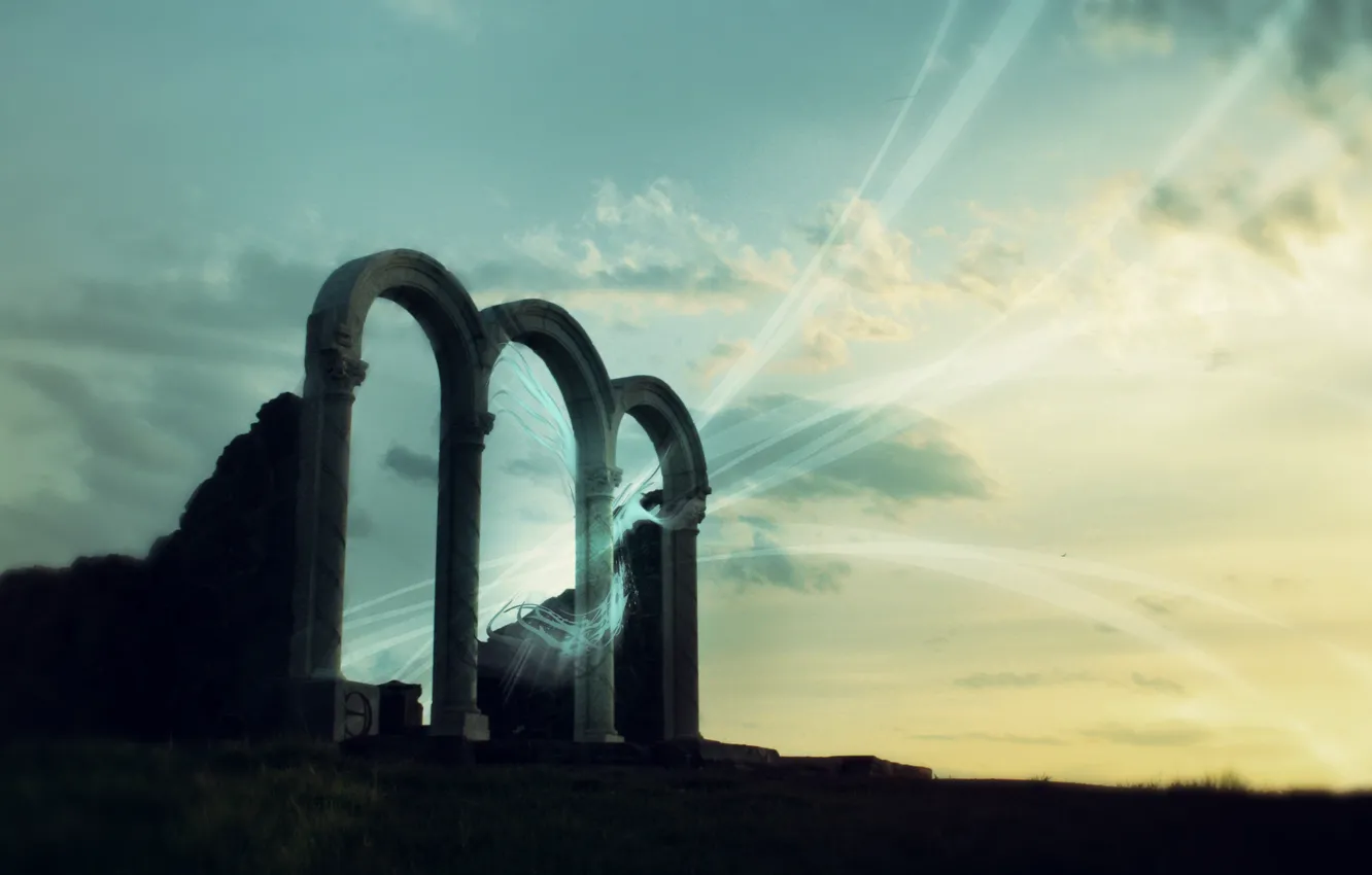 Photo wallpaper sunset, lights, sanctuary