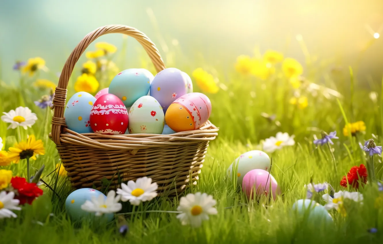 Photo wallpaper flowers, basket, glade, eggs, spring, colorful, Easter, happy