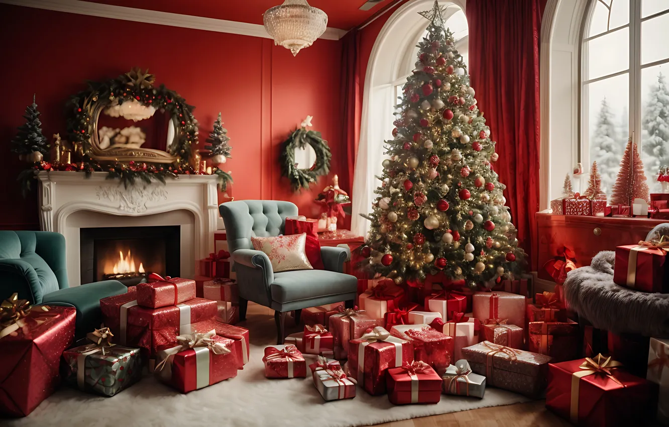 Photo wallpaper decoration, room, gift, balls, tree, new year, interior, Christmas