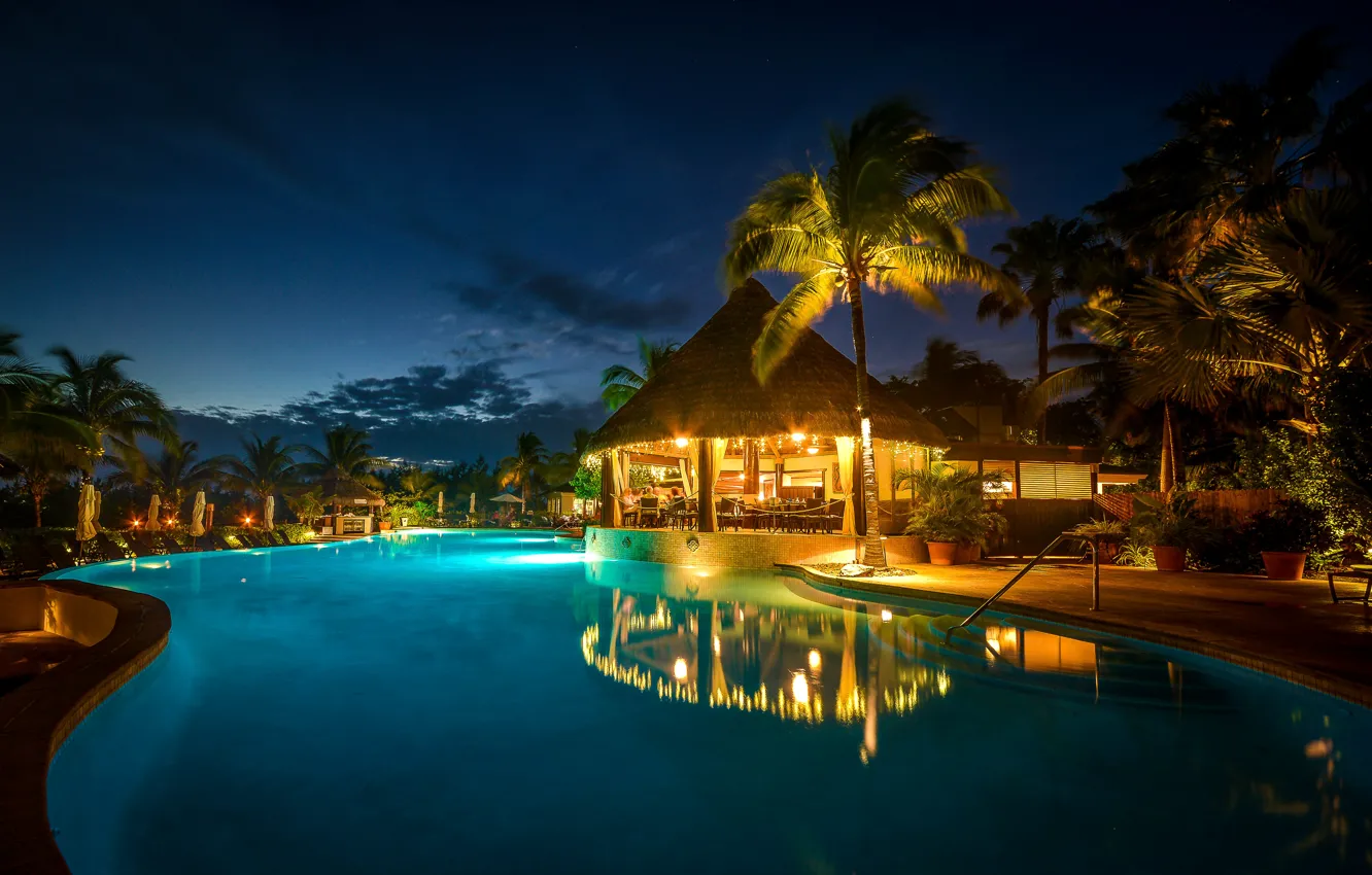 Photo wallpaper palm trees, the evening, pool, resort, Bahamas resort