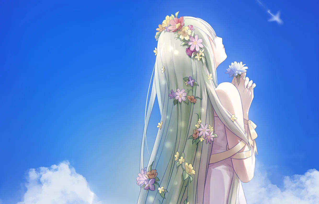 Photo wallpaper the sky, girl, clouds, flowers, anime, art, ice, vocaloid