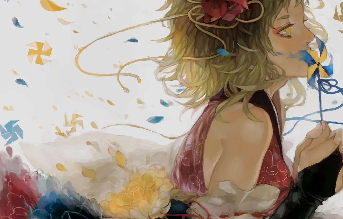 Photo wallpaper girl, flowers, art, tape, profile, vocaloid, gumi, renos