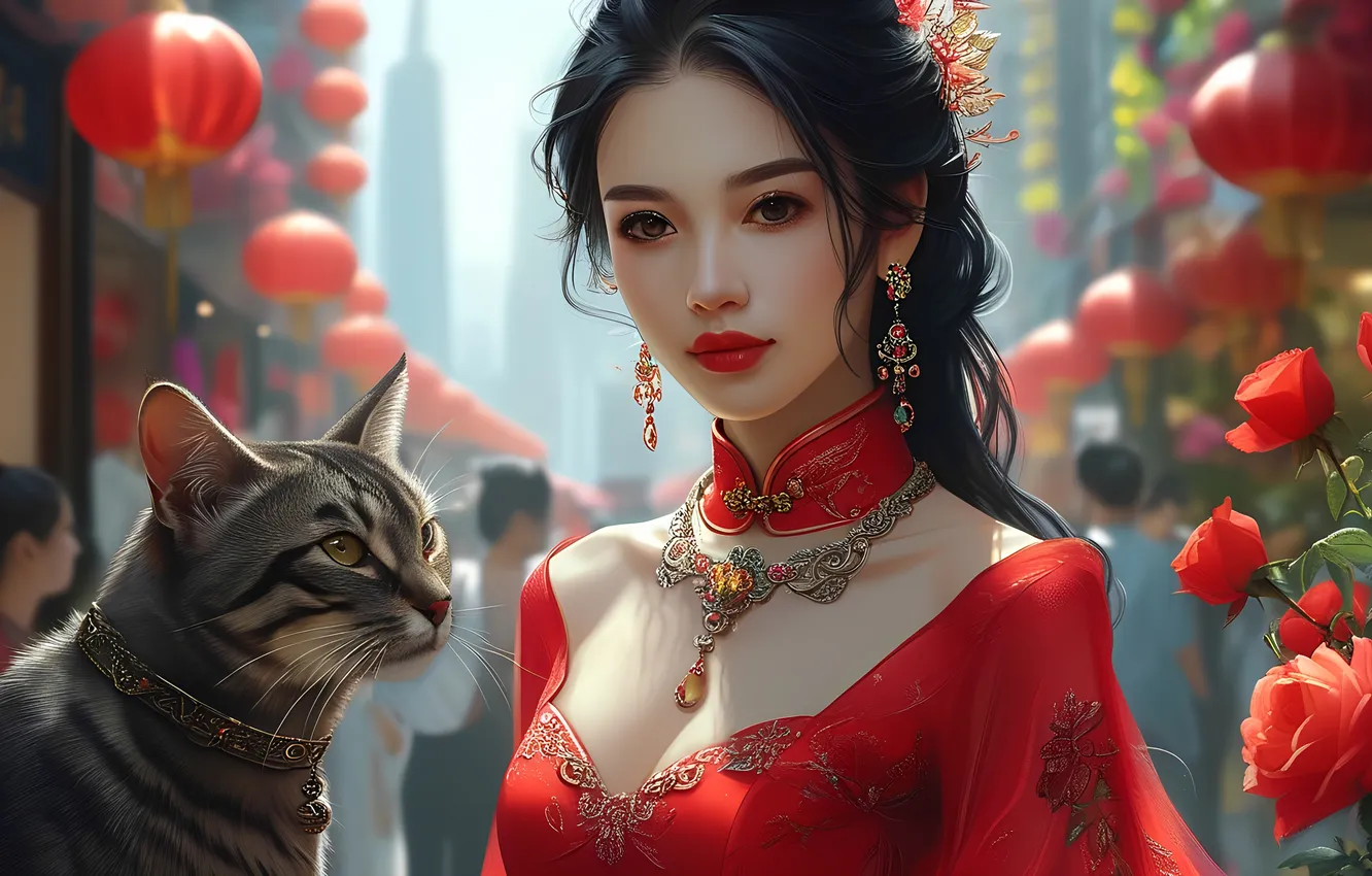 Photo wallpaper cat, girl, roses, necklace, Chinese, Asian, hair long