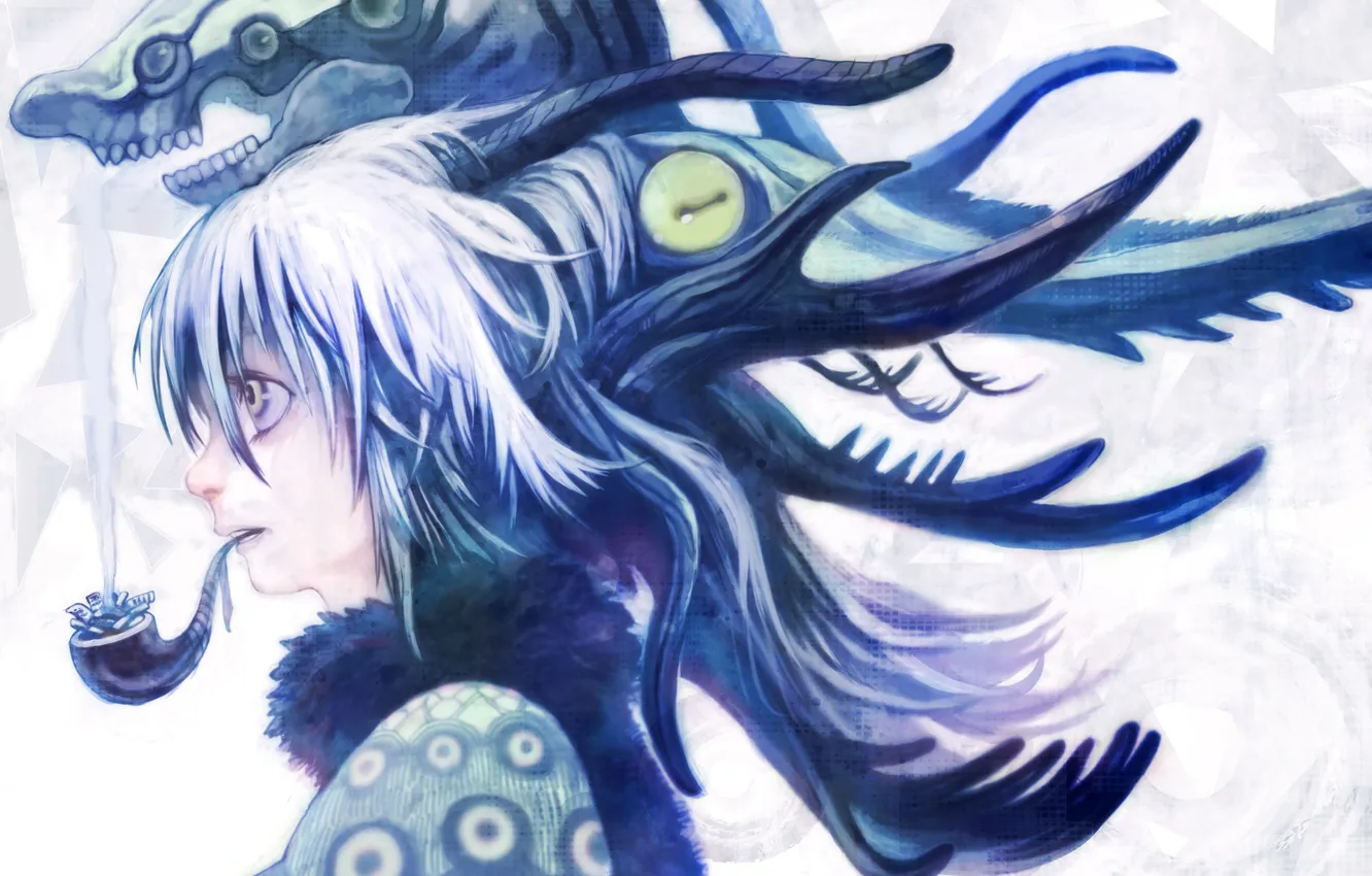 Photo wallpaper girl, smoke, skull, tube, surprise, anime, art, horns