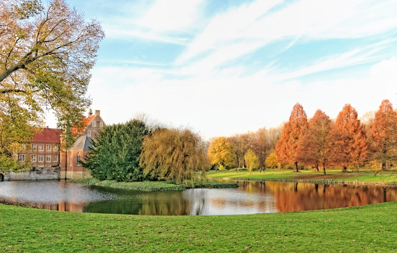 Photo wallpaper autumn, grass, trees, pond, Park, Germany, lawn, Castle Hülshoff