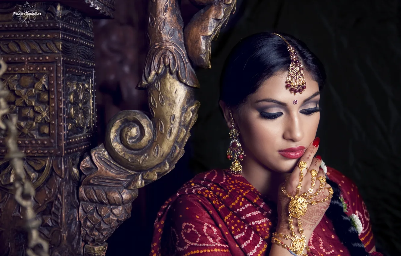 Photo wallpaper girl, decoration, eyelashes, makeup, Indian, saree