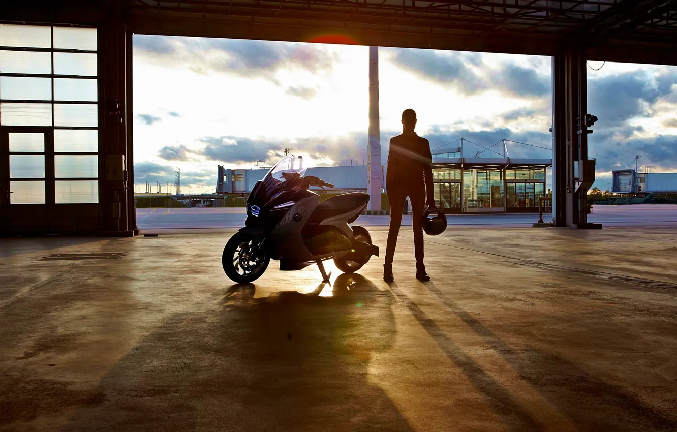 Photo wallpaper girl, bmw, silhouette, hangar, electric, e-scooter