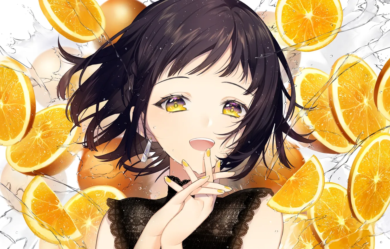 Photo wallpaper girl, squirt, smile, oranges