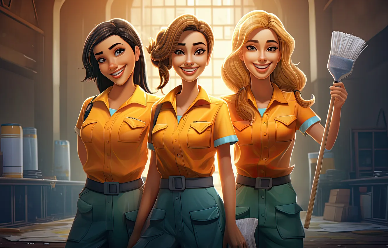 Photo wallpaper girl, smile, uniform, Cleaning lady