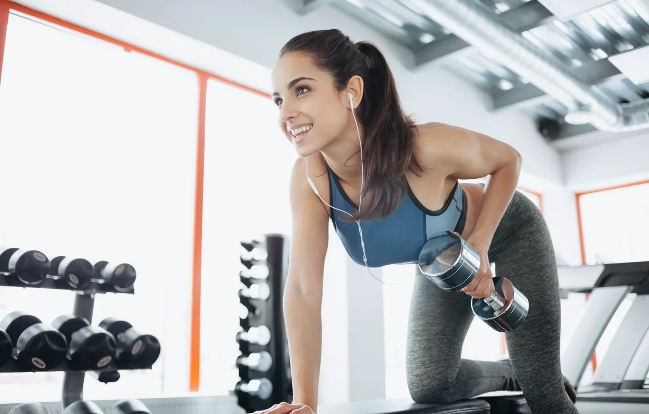 Photo wallpaper fitness, bench, pose, training, dumbbells, workout, fitness, gym