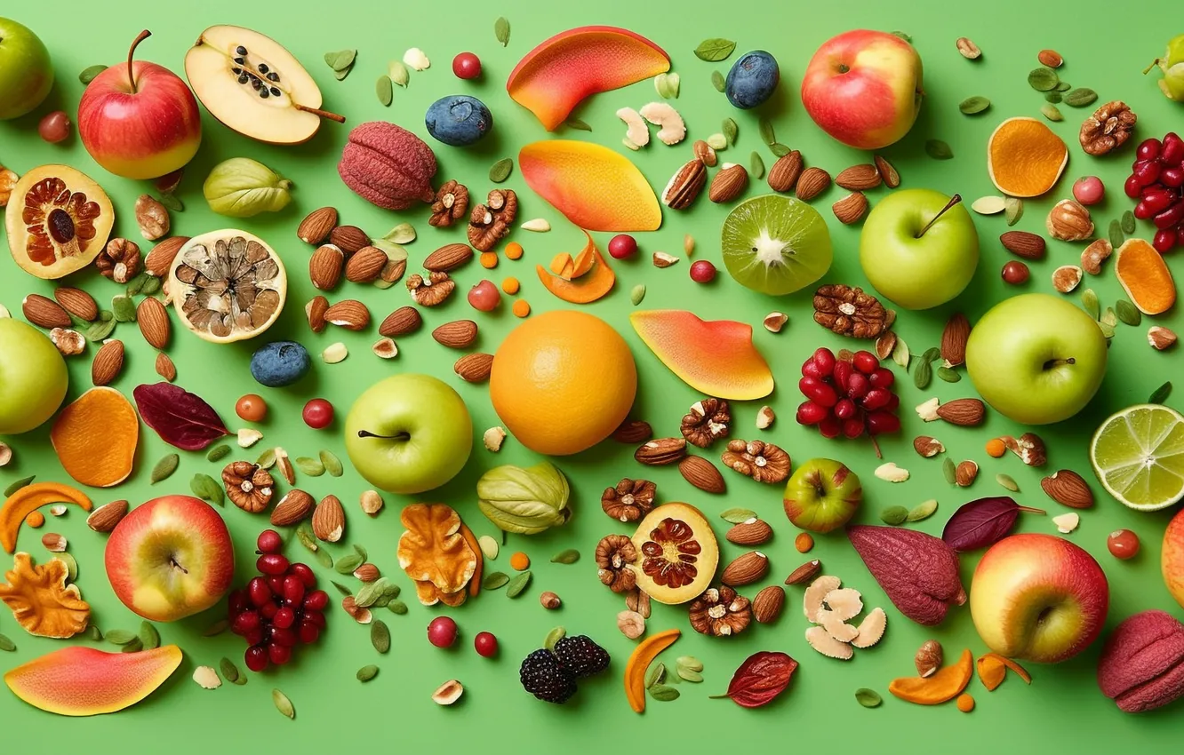 Photo wallpaper berries, apples, orange, food, kiwi, blueberries, lime, fruit
