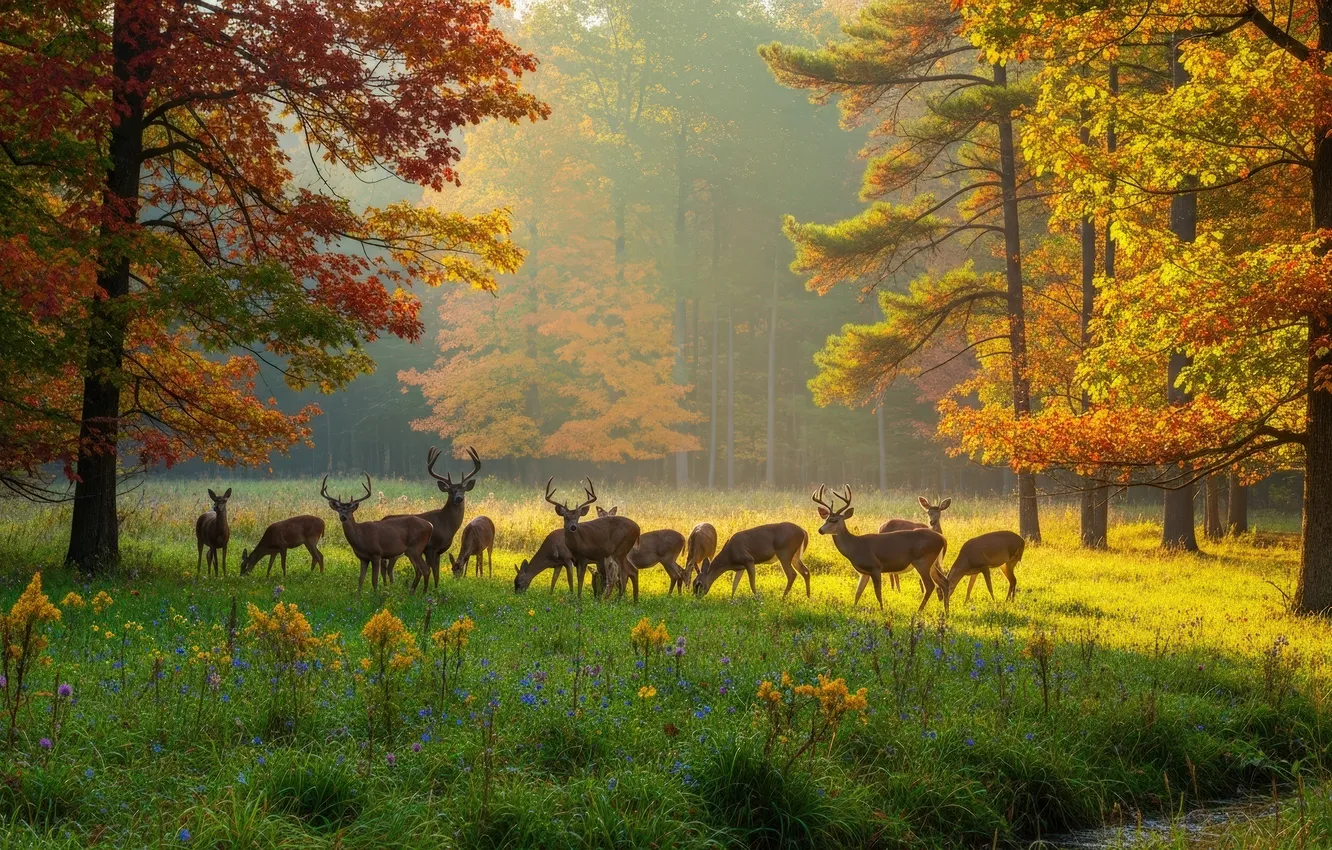 Photo wallpaper greens, forest, grass, light, trees, branches, fog, glade