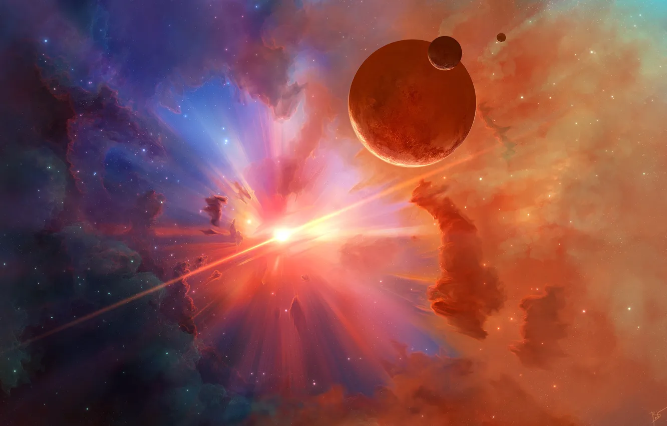 Photo wallpaper space, stars, rays, light, nebula, planet, art, Josef Barton