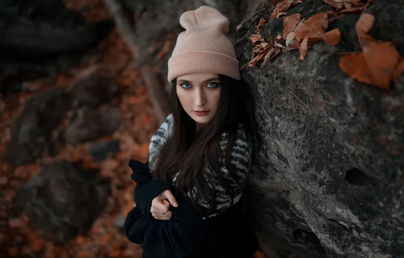 Photo wallpaper girl, Model, photo, blue eyes, leaves, lips, brunette, portrait