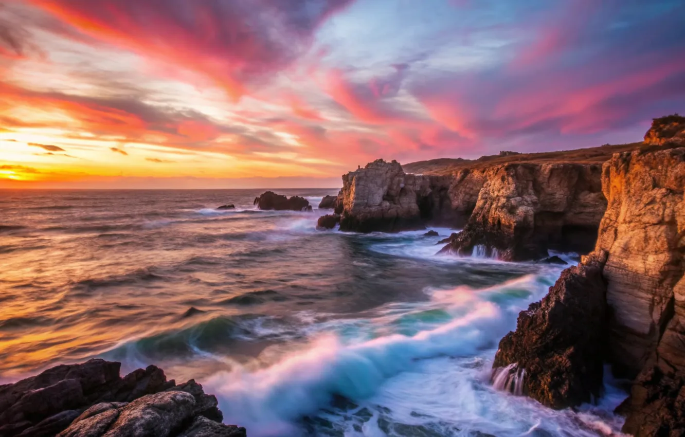 Photo wallpaper sea, wave, sunset, clouds, rocks, shore, waves, sea