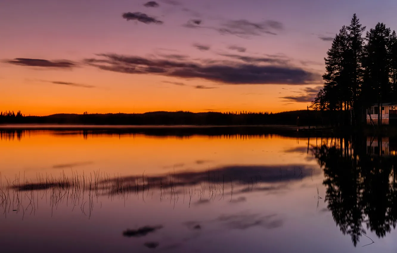 Photo wallpaper forest, the sky, trees, sunset, lake, house