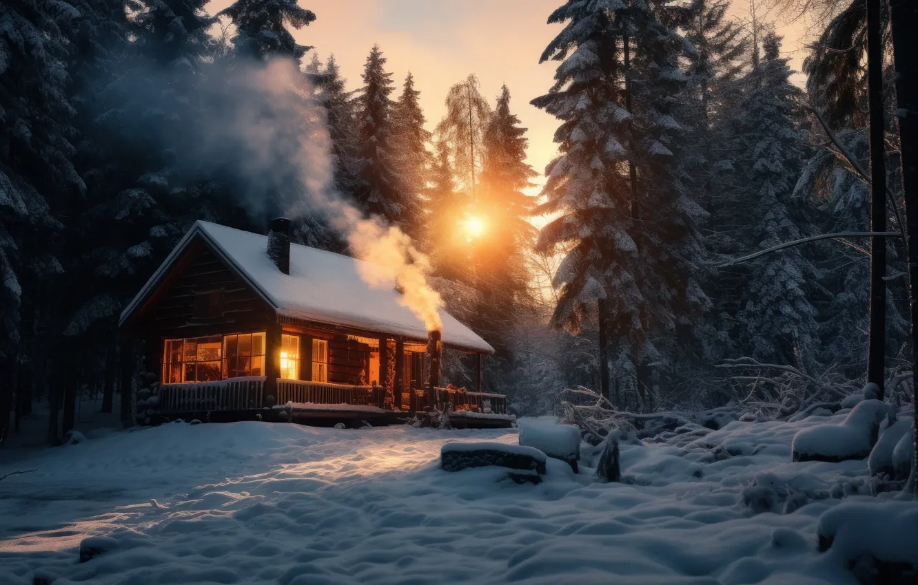Photo wallpaper winter, forest, snow, house, Christmas, New year, house, hut