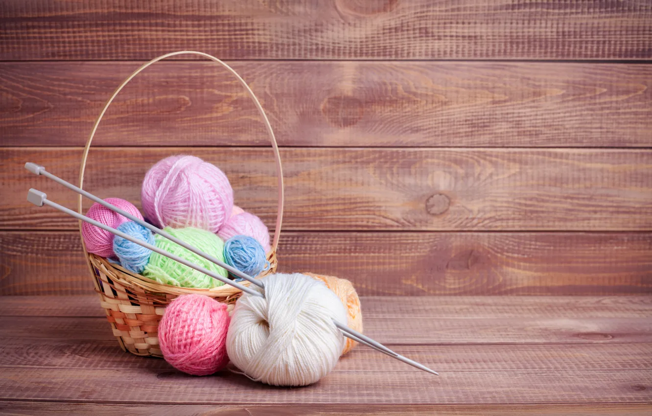 Photo wallpaper basket, cotton, spokes, basket, wooden background, knitting, yarn