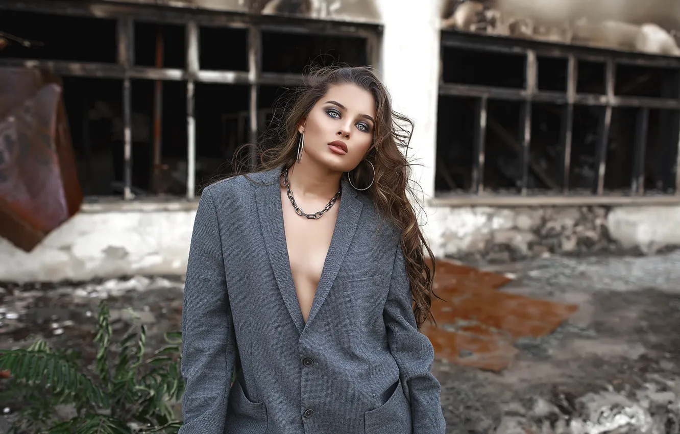 Photo wallpaper girl, decoration, pose, makeup, brown hair, jacket, curls, Selimova Asia