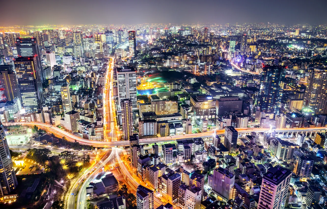 Photo wallpaper night, lights, bright, road, home, Japan, Tokyo, panorama