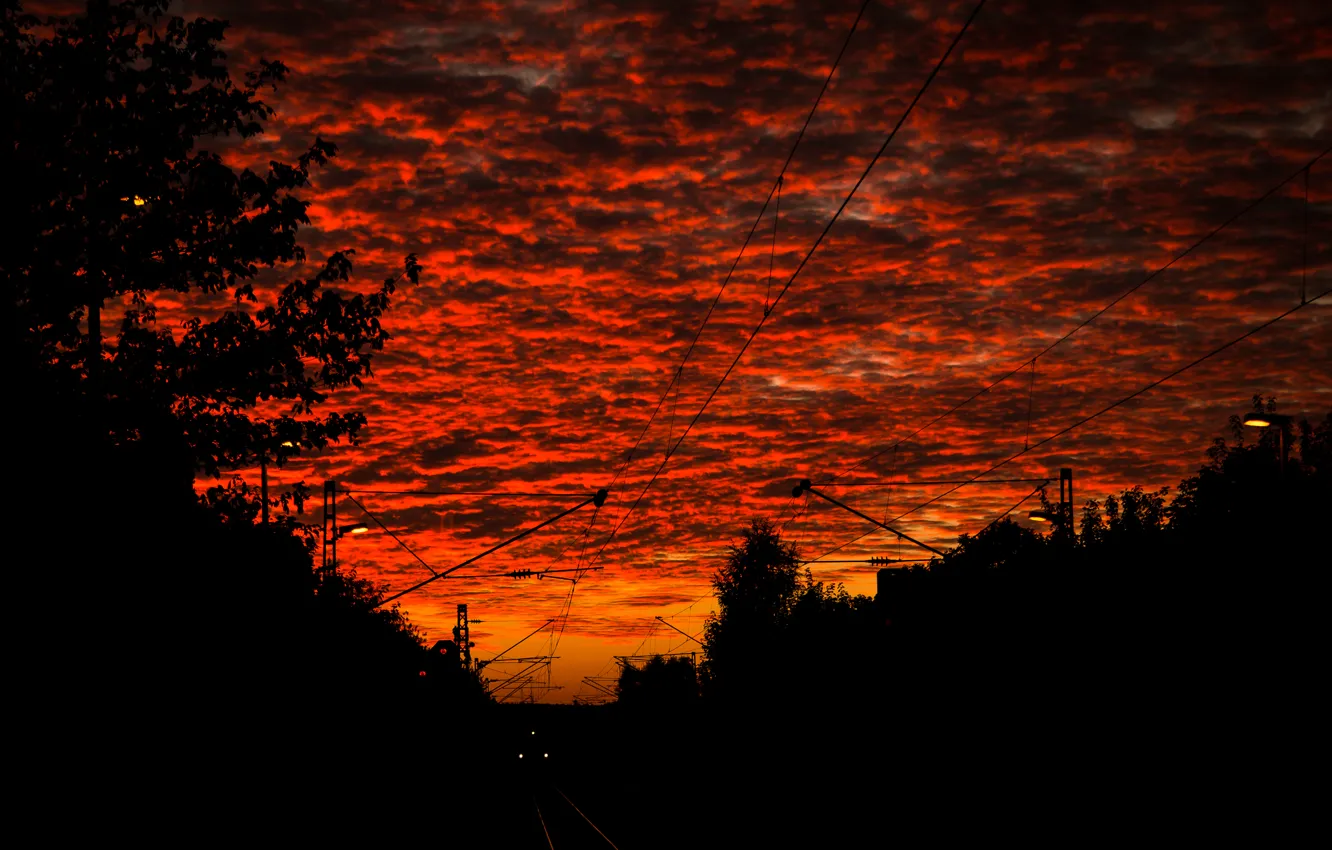 Photo wallpaper Clouds, Sky, Sunset, Train, Evening, Railroad, Rails
