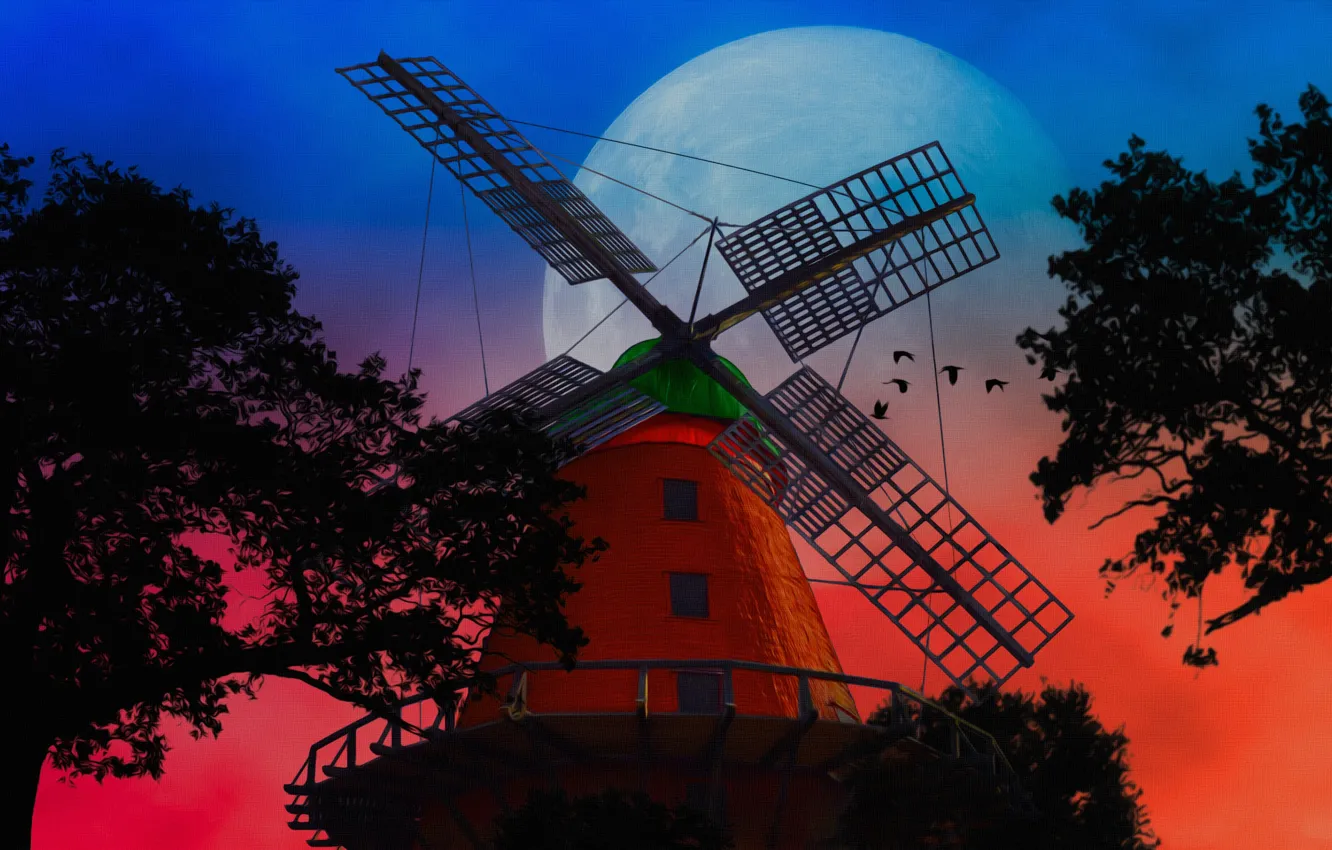 Photo wallpaper trees, collage, the moon, silhouette, windmill