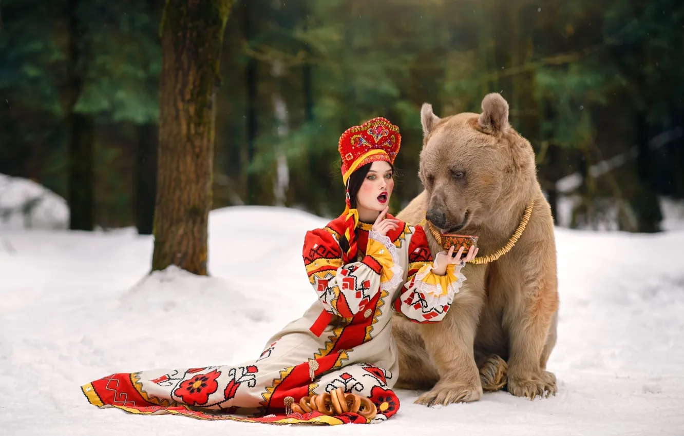 Photo wallpaper winter, forest, look, girl, snow, nature, pose, bear