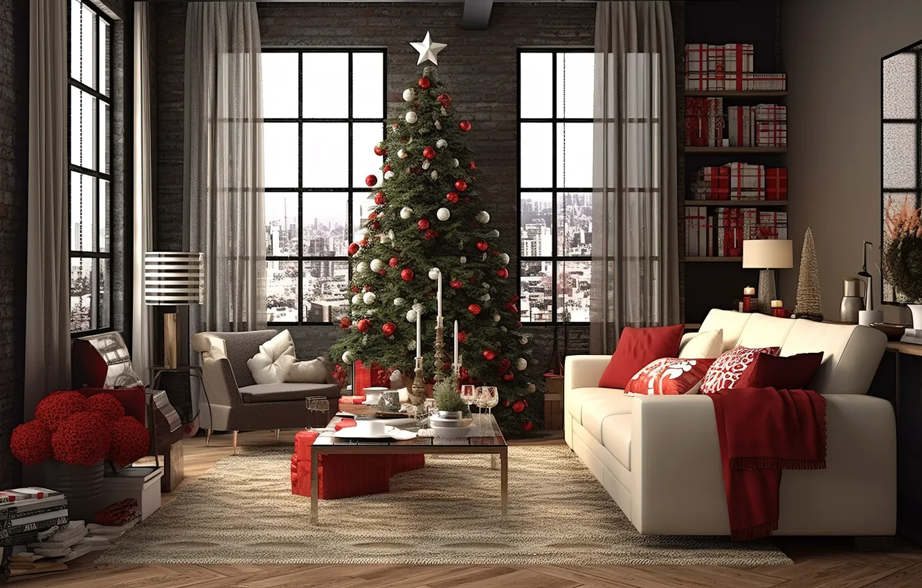 Photo wallpaper winter, decoration, room, balls, tree, interior, New Year, Christmas