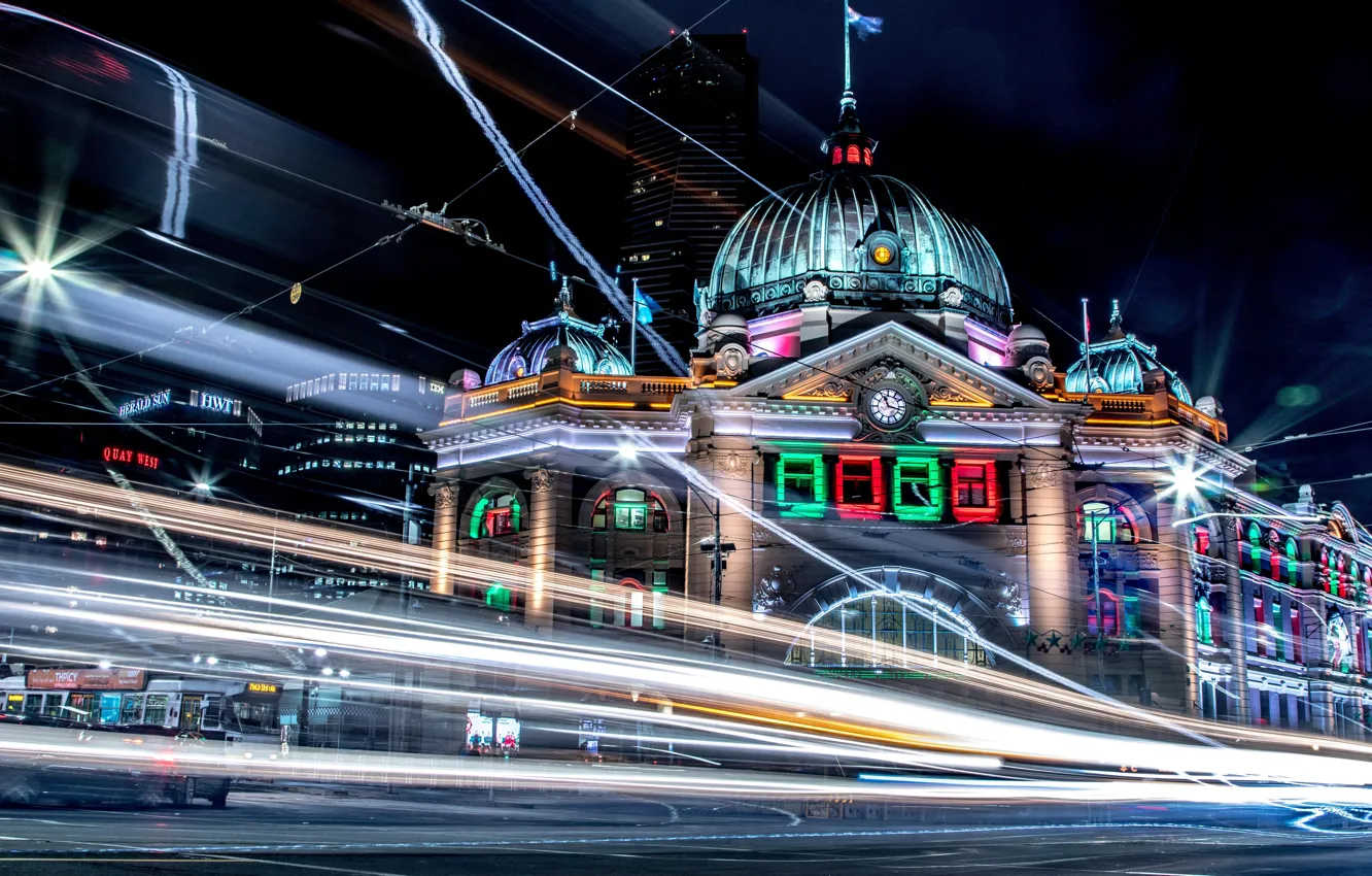 Photo wallpaper city, lights, colorful, night, Melbourne, skyscraper, street, blur